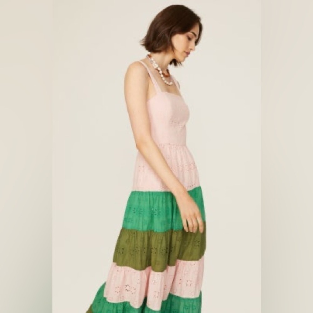 Slate & Willow Tiered Colorblock Pink and Green Eyelet Dress in size 8​​…​​​ - Picture 3 of 7